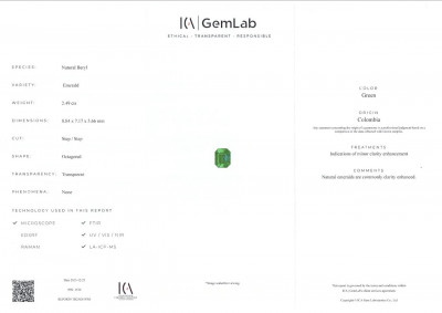 Certificate Intense Green emerald in octagon cut  2.49 carats, Colombia