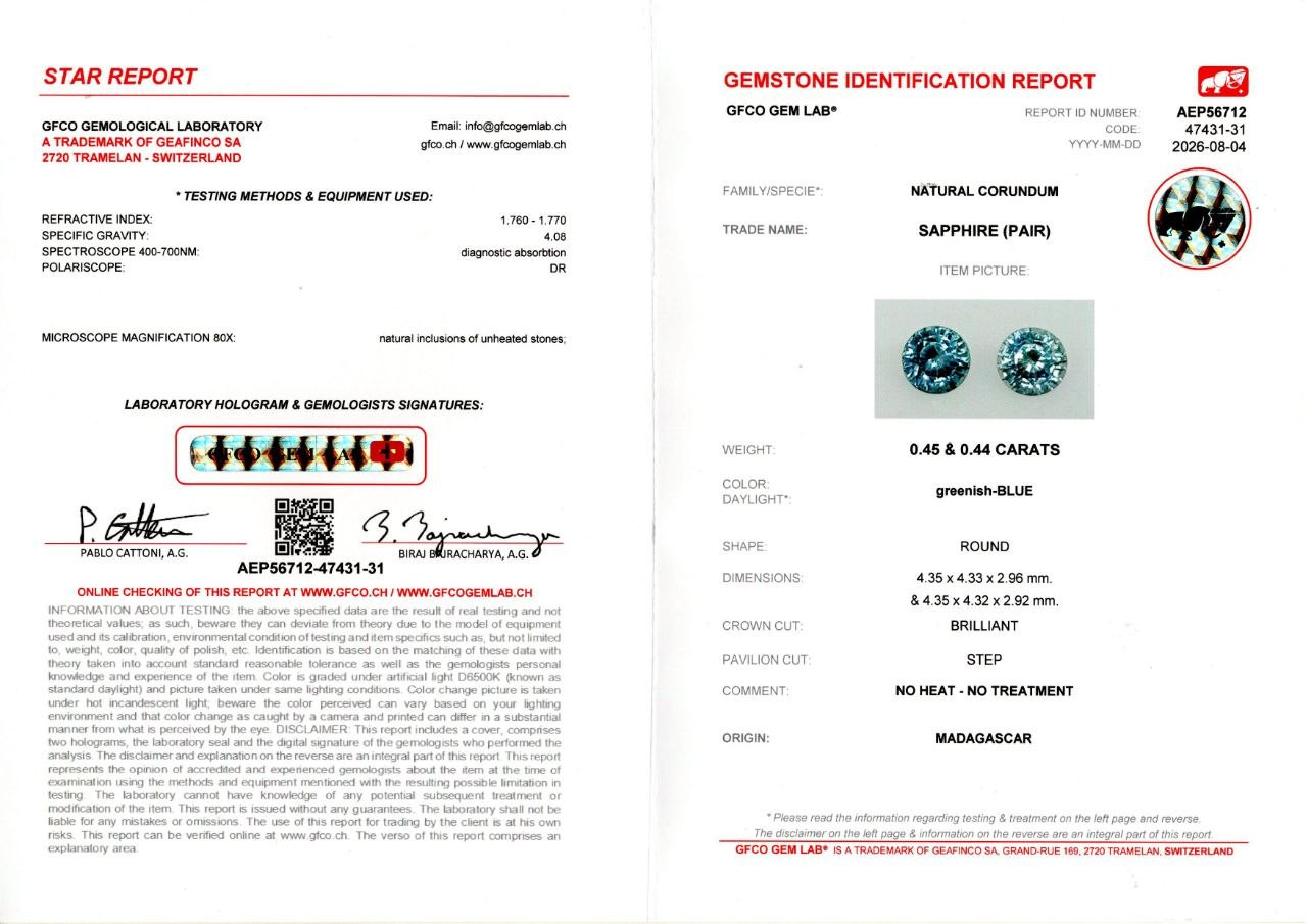 Pair of unheated greenish blue sapphires round cut 0.89 carats, Madagascar Image №5