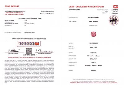 Certificate Vivid pink cushion cut spinel 2.36 ct, Burma