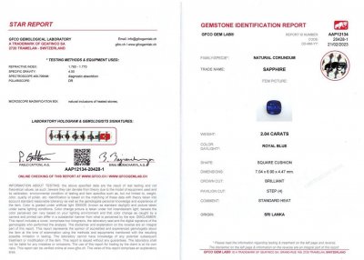 Certificate Royal blue sapphire in cushion cut 2.04 ct, Sri Lanka