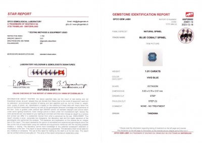 Certificate Сobalt blue spinel in octagon cut 1.01 ct from Tanzania
