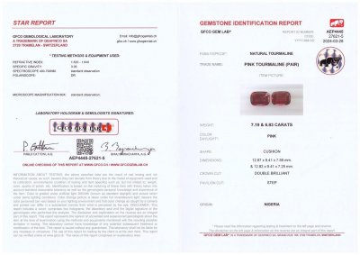 Certificate Pair of intense red rubellites in cushion cut 14.02 carats, Nigeria