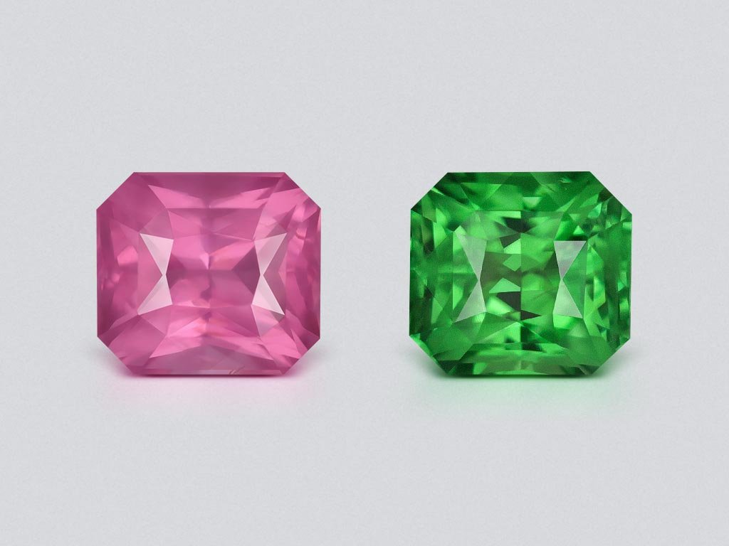 Pair of vivid pink spinel and intense green tsavorite in radiant cut 4.07 carats, Tanzania Image №1