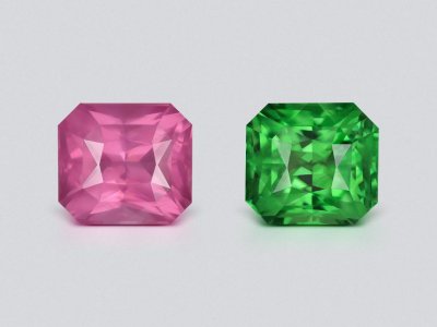Pair of vivid pink spinel and intense green tsavorite in radiant cut 4.07 carats, Tanzania photo