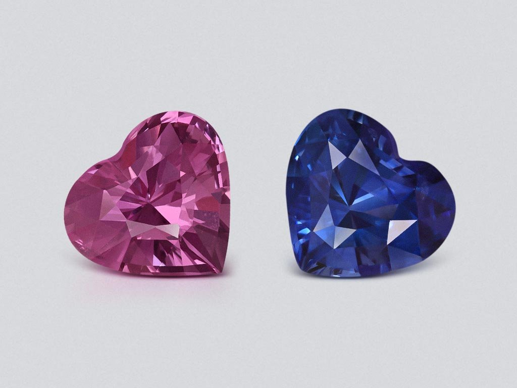 Pair of pink and blue sapphires in heart shape 2.74 carats, Sri Lanka Image №1
