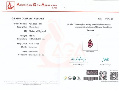 Certificate Spinel Mahenge Vivid Pink pear cut 4.50 carats, Tanzania