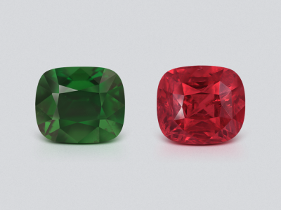 Contrasting pair of Vivid Red spinel and Vivid Green tsavorite cushion cut 6.08 carats, Tanzania photo
