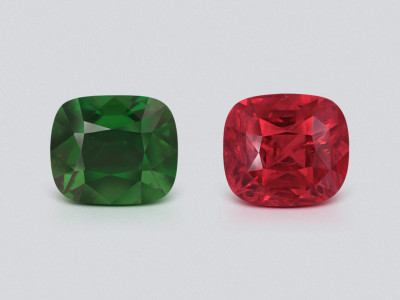 Contrasting pair of Vivid Red spinel and Vivid Green tsavorite cushion cut 6.08 carats, Tanzania photo