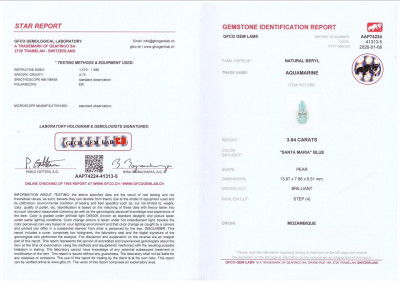 Certificate Aquamarine pear cut 3.64 carats, Mozambique