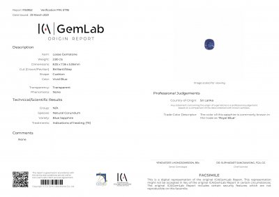 Certificate Blue sapphire Royal Blue 2.80 ct, Sri Lanka, ICA