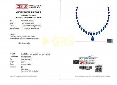 Certificate Set of 27 Royal Blue pear cut sapphires, 76.61 ct, GRS