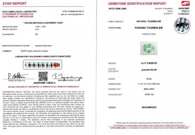 Certificate Light blue Paraiba tourmaline, 4.11 ct oval cut, GFCO