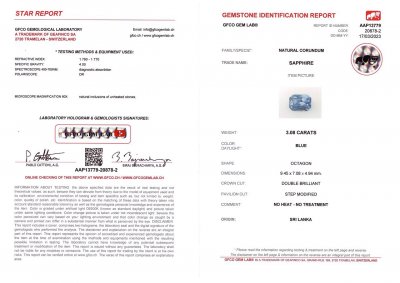 Certificate Blue unheated sapphire 3.08 ct octagon cut, Sri Lanka