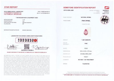 Certificate Rare Pamir pink spinel in pear cut 1.40 ct