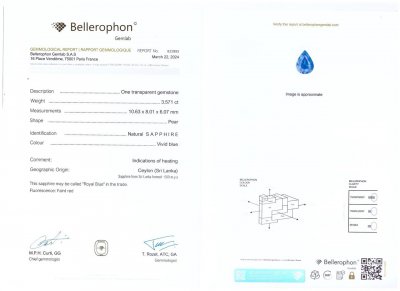 Certificate Electric blue sapphire 3.57 carats in pear shape, Sri Lanka