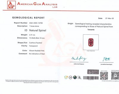 Certificate Spinel Mahenge Vibrant pink red cushion cut 6.01 carats, Tanzania  