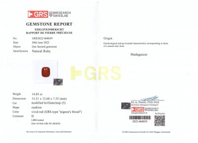 Certificate Investment grade Vibrant Pigeon Blood ruby in cushion cut 14.05 carats, Madagascar (GRS, AGL, SSEF)