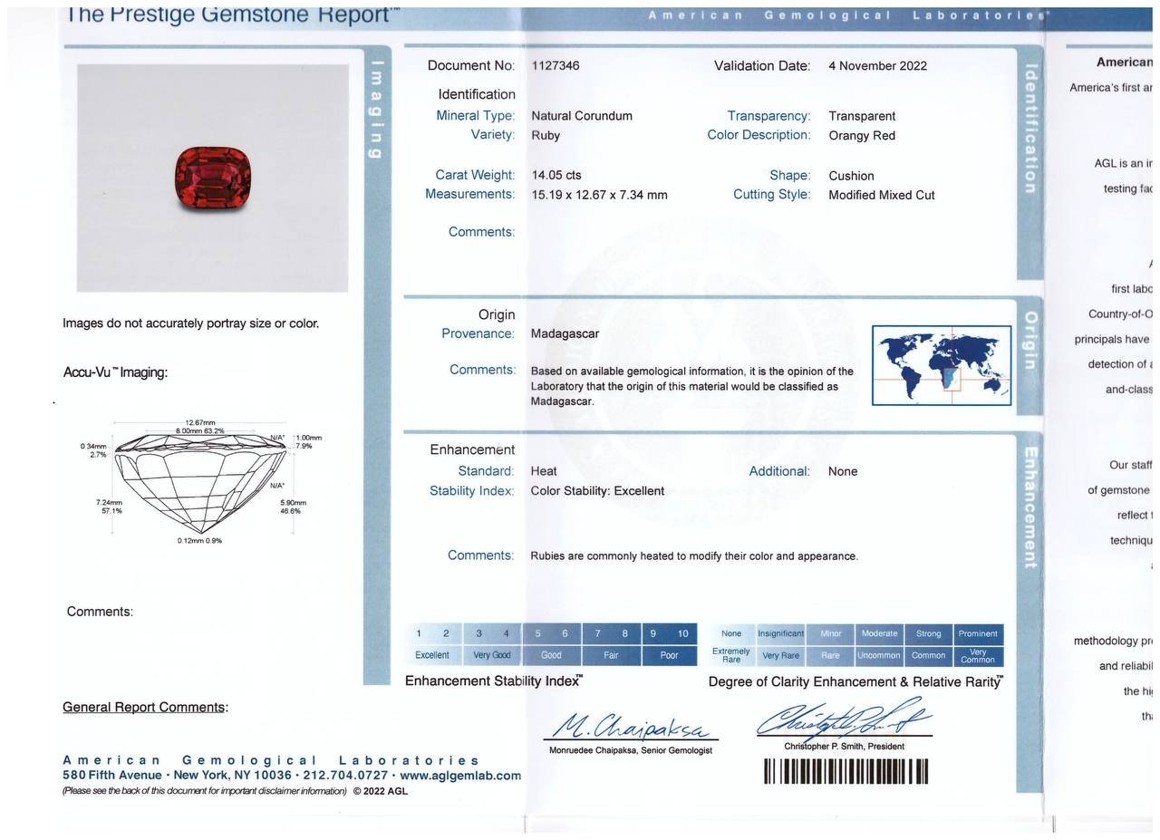Investment grade Vibrant Pigeon Blood ruby in cushion cut 14.05 carats, Madagascar (GRS, AGL, SSEF) Image №8