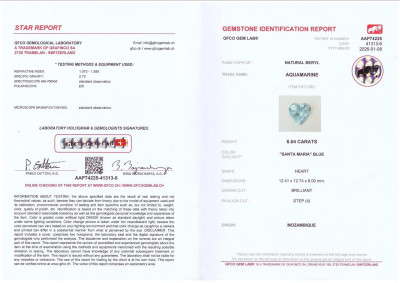 Certificate Aquamarine Santa Maria heart shape 6.04 carats, Mozambique