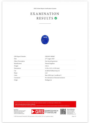 Certificate Unheated sapphire Cornflower Blue oval cut 9.20 carats, Madagaskar