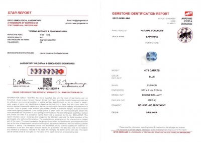 Certificate Сornflower blue unheated sapphire in cushion cut 4.71 ct, Sri Lanka