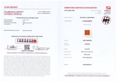 Certificate Vivid orange clinohumite in princess cut 3.80 ct, Afghanistan