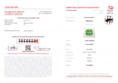 Certificate Large Vivid green Colombian emerald 13.26 carats