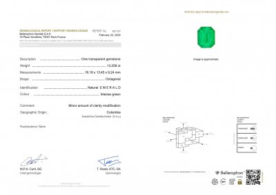 Certificate Large Vivid green Colombian emerald 13.26 carats