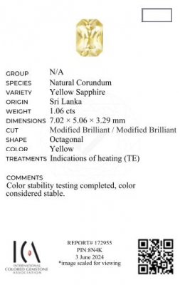 Certificate Yellow sapphire (Pastel Yellow) in radiant cut 1.06 carats, Sri Lanka