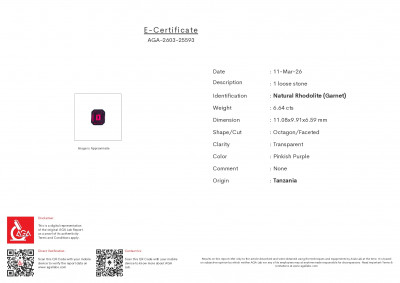 Certificate Purple garnet rhodolite octagon cut  6.64 carats, Tanzania