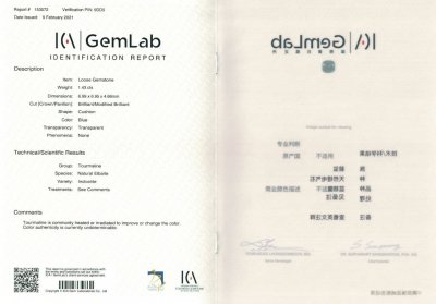Certificate Indicolite 1.43 ct, Afghanistan