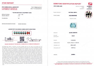 Certificate Large aquamarine from Zambia 22.60 ct, GFCO