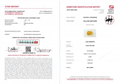 Certificate Octagon yellow sapphire 2.22 ct, Sri Lanka