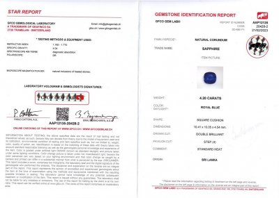 Certificate Royal Blue cushion cut blue sapphire 4.20 ct, Sri Lanka
