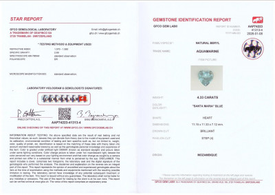 Certificate Aquamarine Santa Maria heart shape 4.33 carats, Mozambique