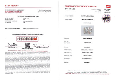 Certificate White sapphire radiant cut 2.17carats, Sri Lanka