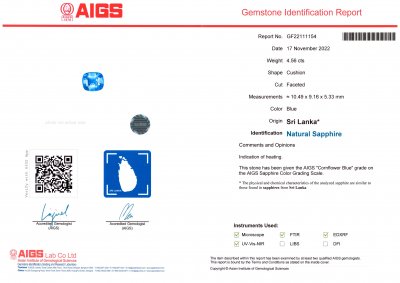 Certificate Bright Cornflower color sapphire 4.56 ct, Sri Lanka