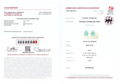 Certificate Pair of pear-cut Paraiba tourmalines 3.48 carats, Mozambique