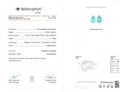 Certificate Pair of pear-cut Paraiba tourmalines 3.48 carats, Mozambique