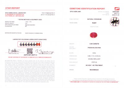 Certificate Unheated Pigeon Blood ruby in oval cut 3.54 carats, Mozambique