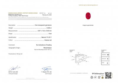 Certificate Unheated Pigeon Blood ruby in oval cut 3.54 carats, Mozambique