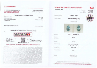 Certificate Pair of aquamarines pear cut 2.18 carats, Mozambique
