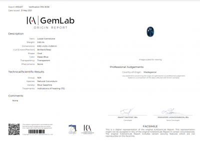 Certificate Blue sapphire, oval cut, 2.62 ct, Madagascar