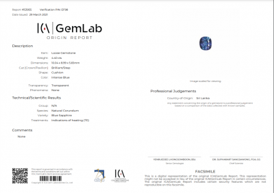 Certificate Intense blue cushion cut sapphire 4.40 carats, Sri Lanka, ICA