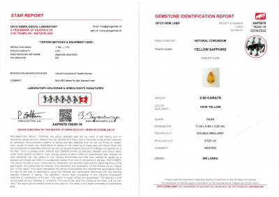 Certificate Intense pear cut yellow sapphire 2.50 ct, Sri Lanka