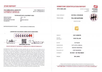 Certificate Yellow unheated radiant cut sapphire 2.01 ct, Sri Lanka