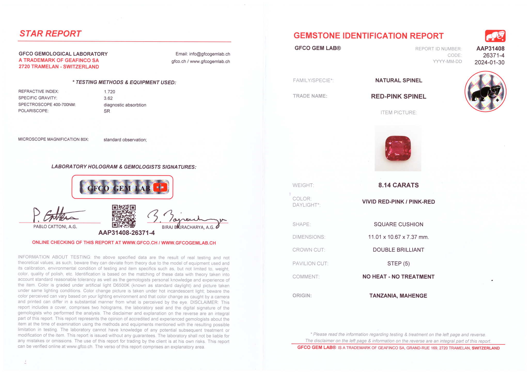 Vivid red-pink Mahenge spinel in cushion cut 8.14 carats, Tanzania Image №7