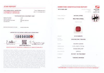 Certificate Vivid red-pink Mahenge spinel in cushion cut 8.14 carats, Tanzania