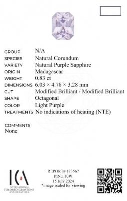 Certificate Unheated radiant-cut purple sapphire 0.83 carats, Madagascar
