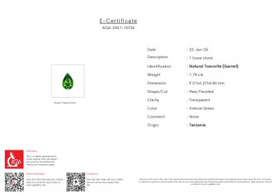 Certificate Intense Green tsavorite garnet in pear cut 1.78 carats, Tanzania